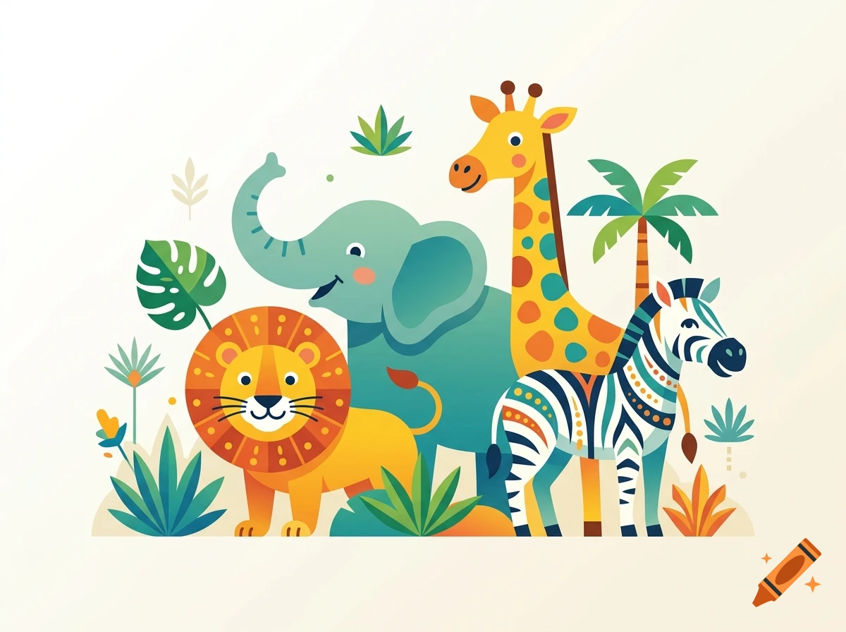 Vector illustration of stylized cartoon jungle animals including a lion, elephant, giraffe, and zebra among tropical foliage.
