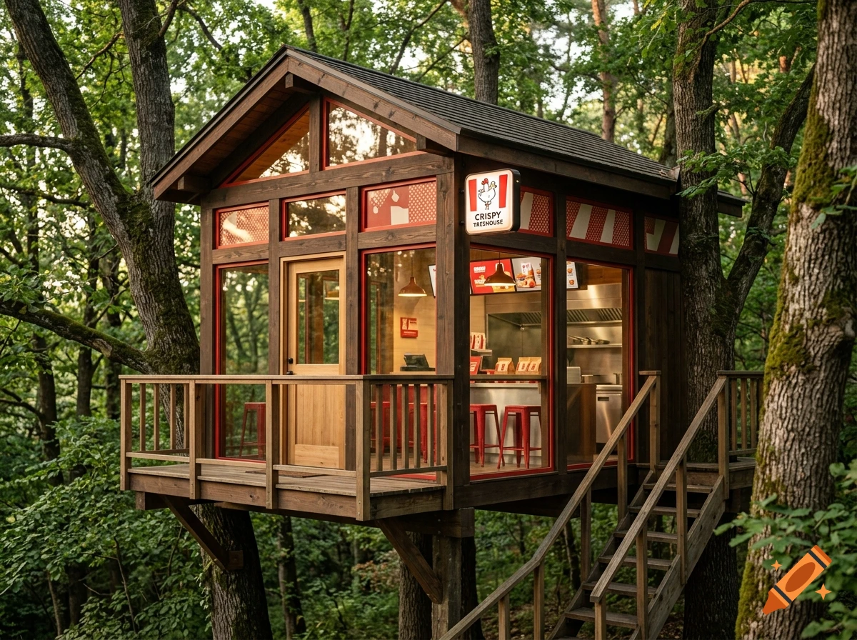 Photorealistic wooden treehouse styled like a KFC restaurant, nestled among green trees with a glass front and outdoor balcony.
