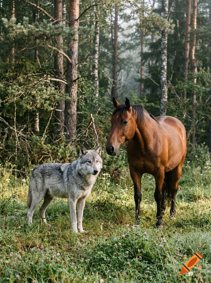 Photorealistic image of a grey wolf and a brown horse standing together in a lush forest clearing.