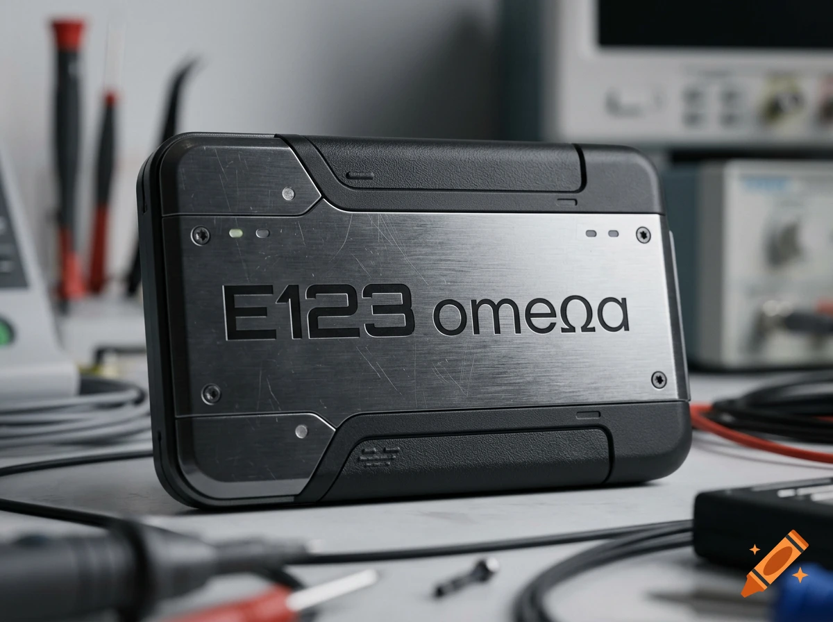 Close-up photorealistic shot of an E123 omega electronic device on a workbench with tools.