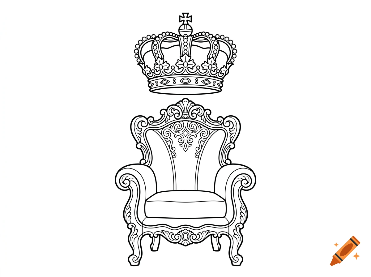 Black and white simple line art coloring page showing an ornate royal throne with a crown hovering above it.