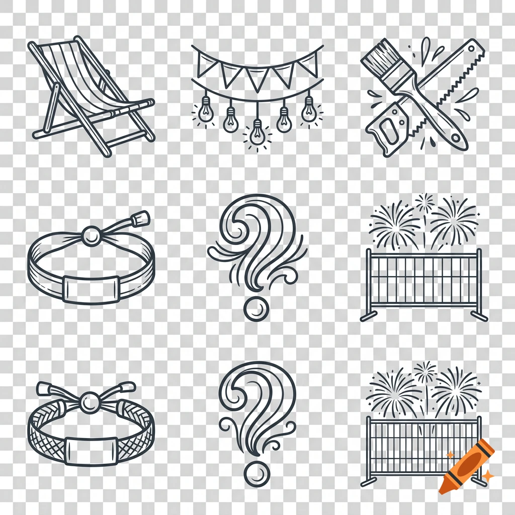 Monochrome line art icons including a deckchair, string lights, tools, festival wristbands, question mark, and fireworks.