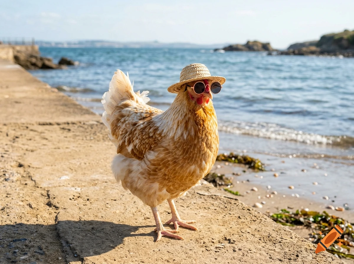 Photorealistic image of a brown chicken wearing a small straw hat and round sunglasses, standing on a concrete pier by the sea.