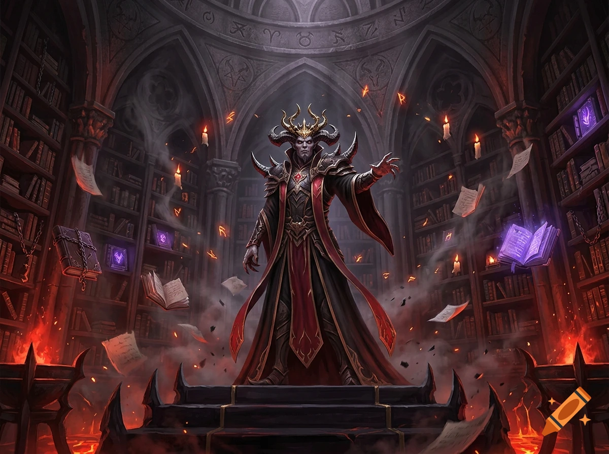 A fantasy digital painting of a horned demon lord standing in a magical library in hell surrounded by floating books and fire.