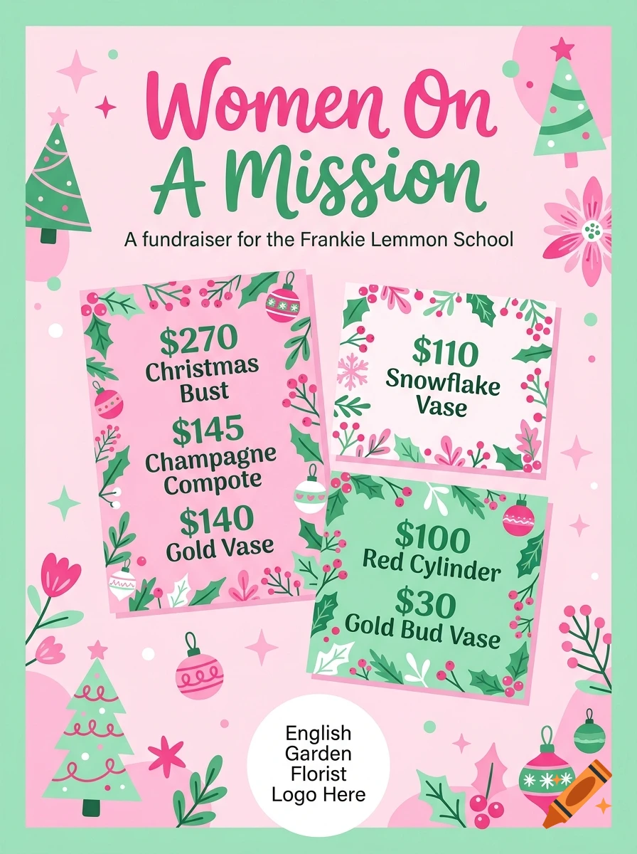Vibrant pink and green event flyer graphic for Women On A Mission fundraiser with price lists and Christmas illustrations.