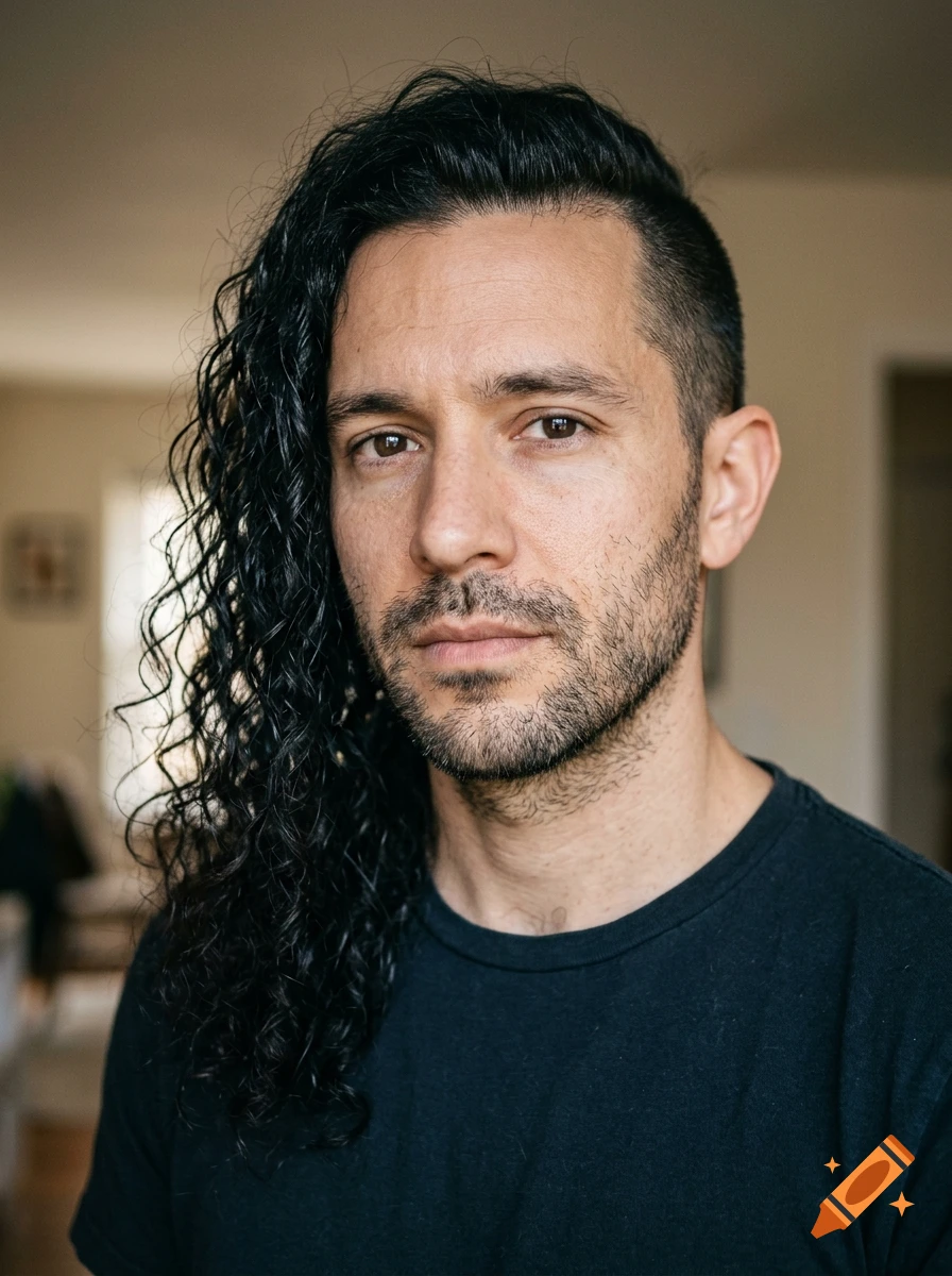 Close-up photorealistic portrait of a man with long curly hair on one side, short hair on the other, and a short beard.