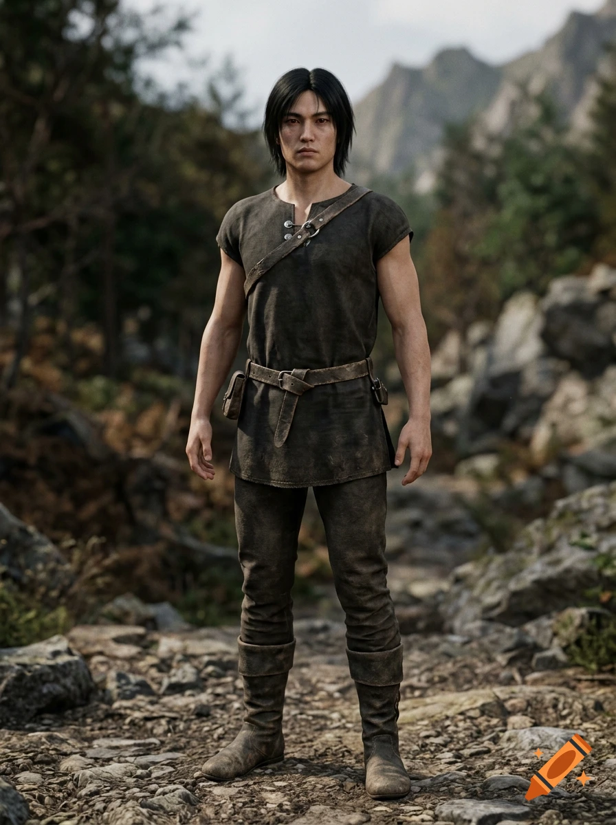 Photorealistic full-body portrait of an athletic young man with dark hair and dark red eyes, wearing simple warrior garb on a rocky path.