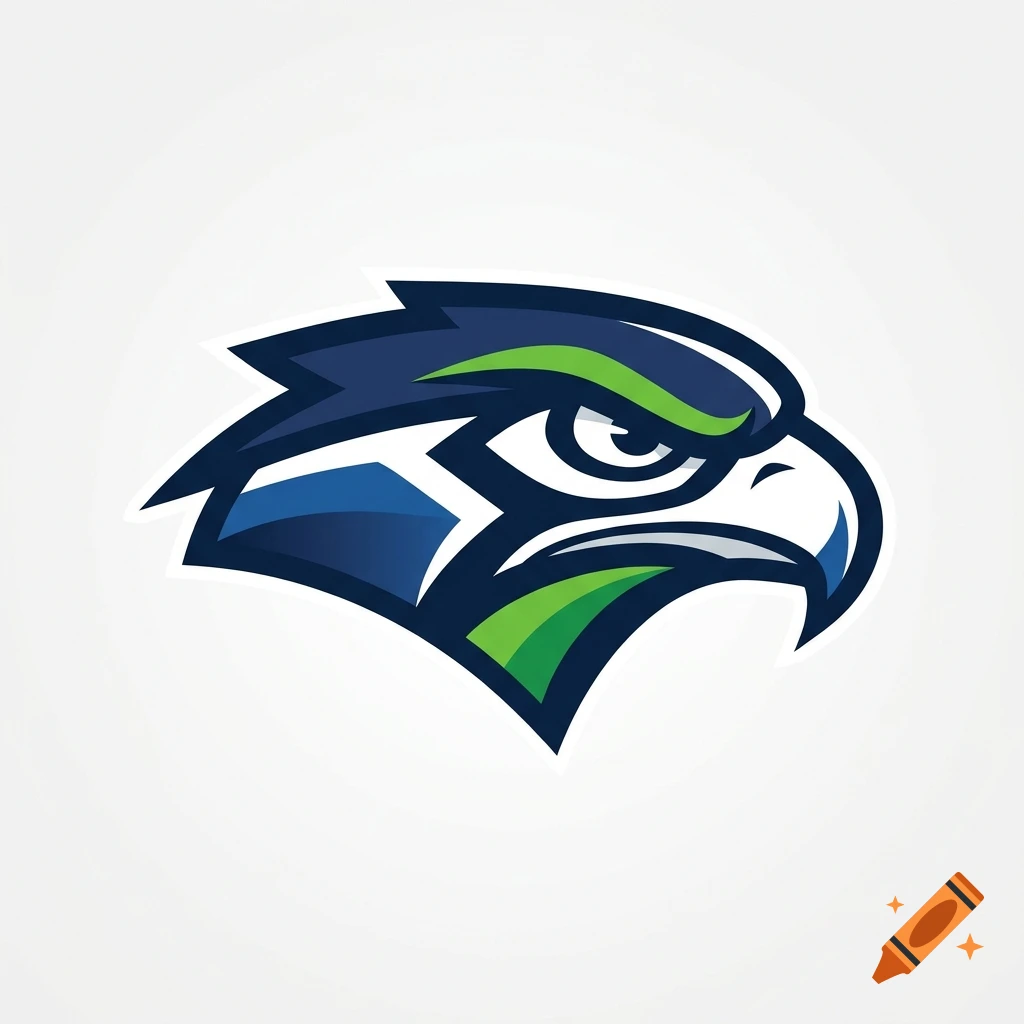 Stylized graphic illustration of a hawk head in blue, green, and white.