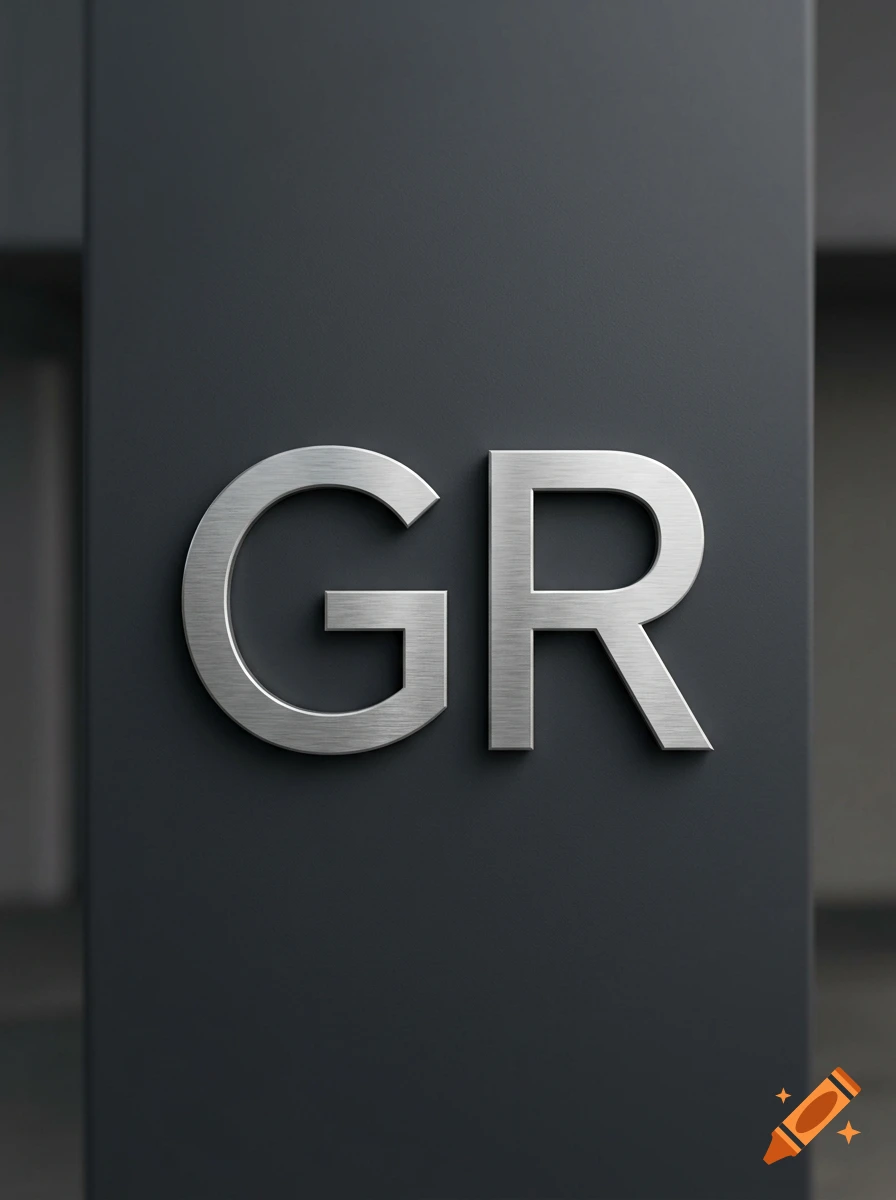 Brushed metal letters spelling GR mounted on a dark grey vertical pillar, photorealistic.