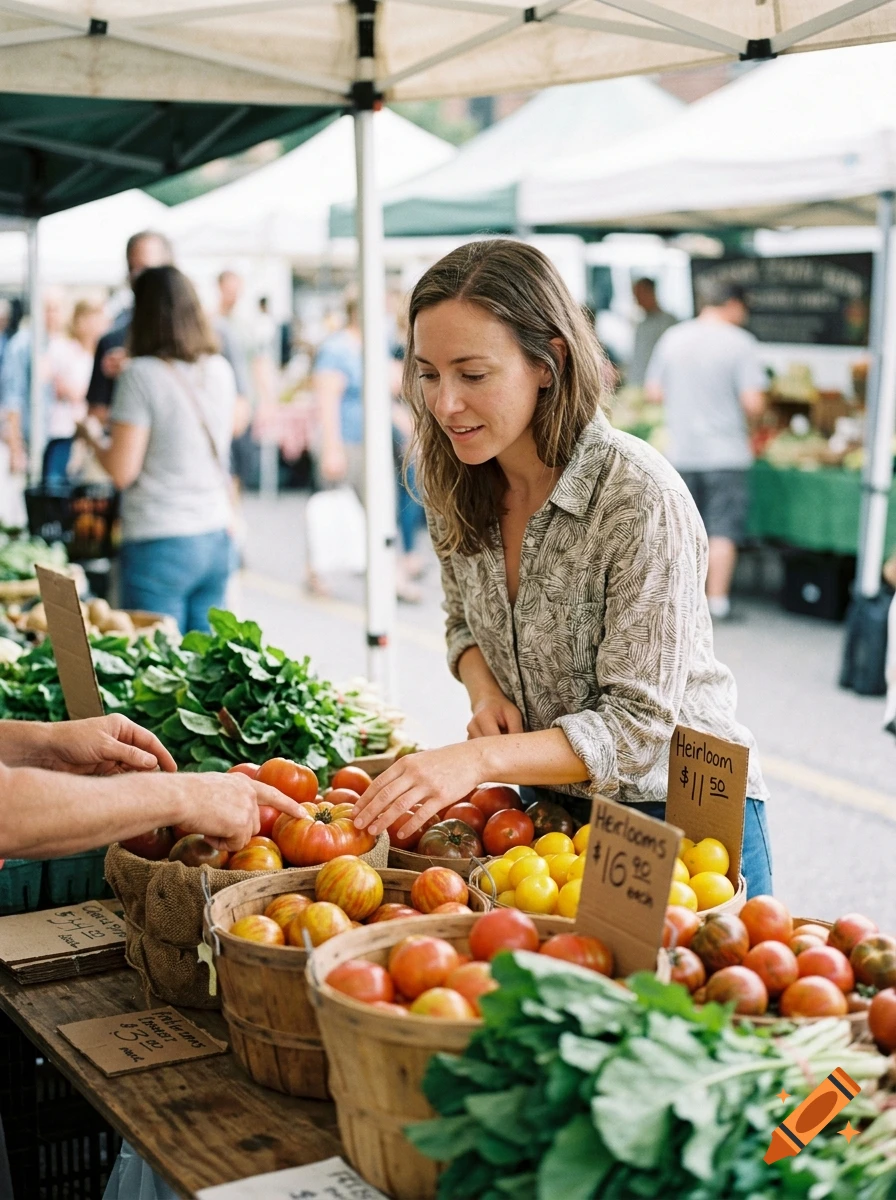 A woman stands at an outdoor farmers market, selecting tomatoes from a wooden basket filled with various heirloom tomatoes.