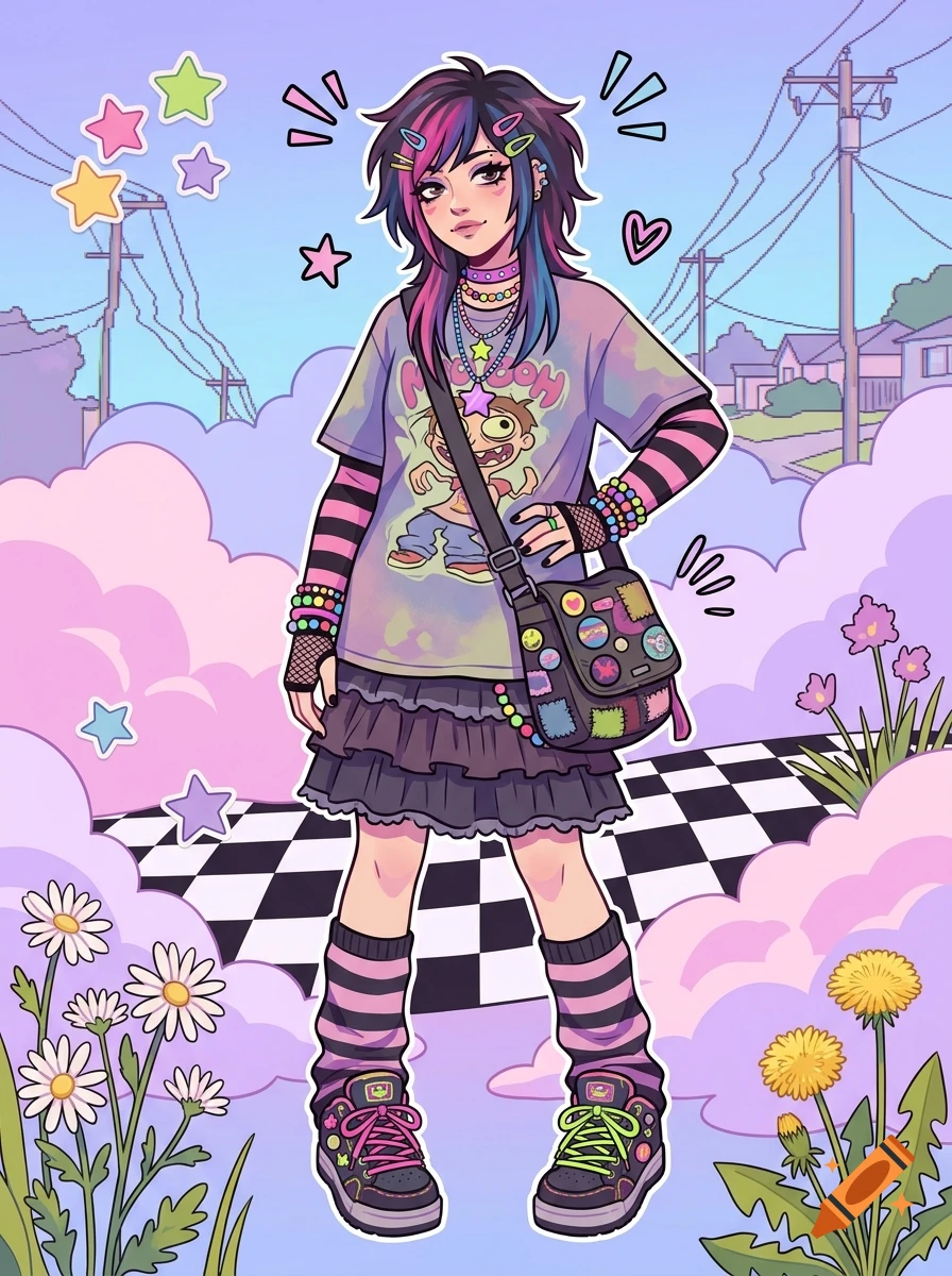 Scenecore style anime girl with colorful streaks in her hair, striped arm warmers, and a graphic t-shirt standing in front of pastel clouds.