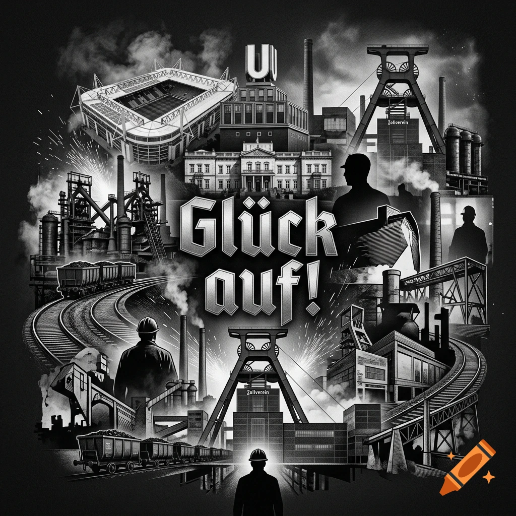 A black and white montage illustration featuring industrial scenes, coal mining infrastructure, miners, factories, a stadium, and the German greeting 'Glück auf!' in the center.