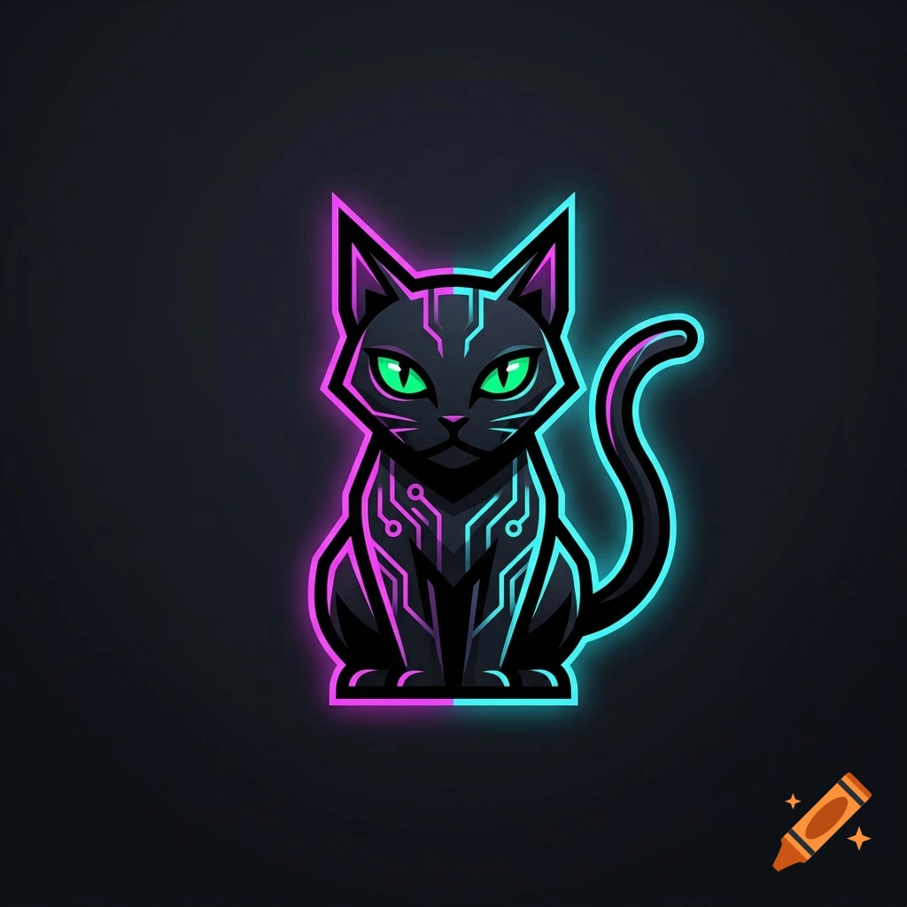Cyberpunk black cat logo with glowing pink and green neon accents, vector art style