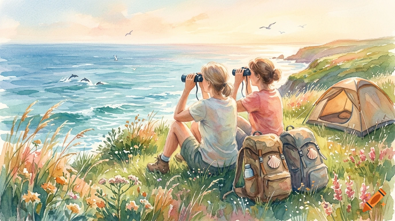 Two people camping on a grassy cliffside overlooking the ocean while using binoculars to watch dolphins.
