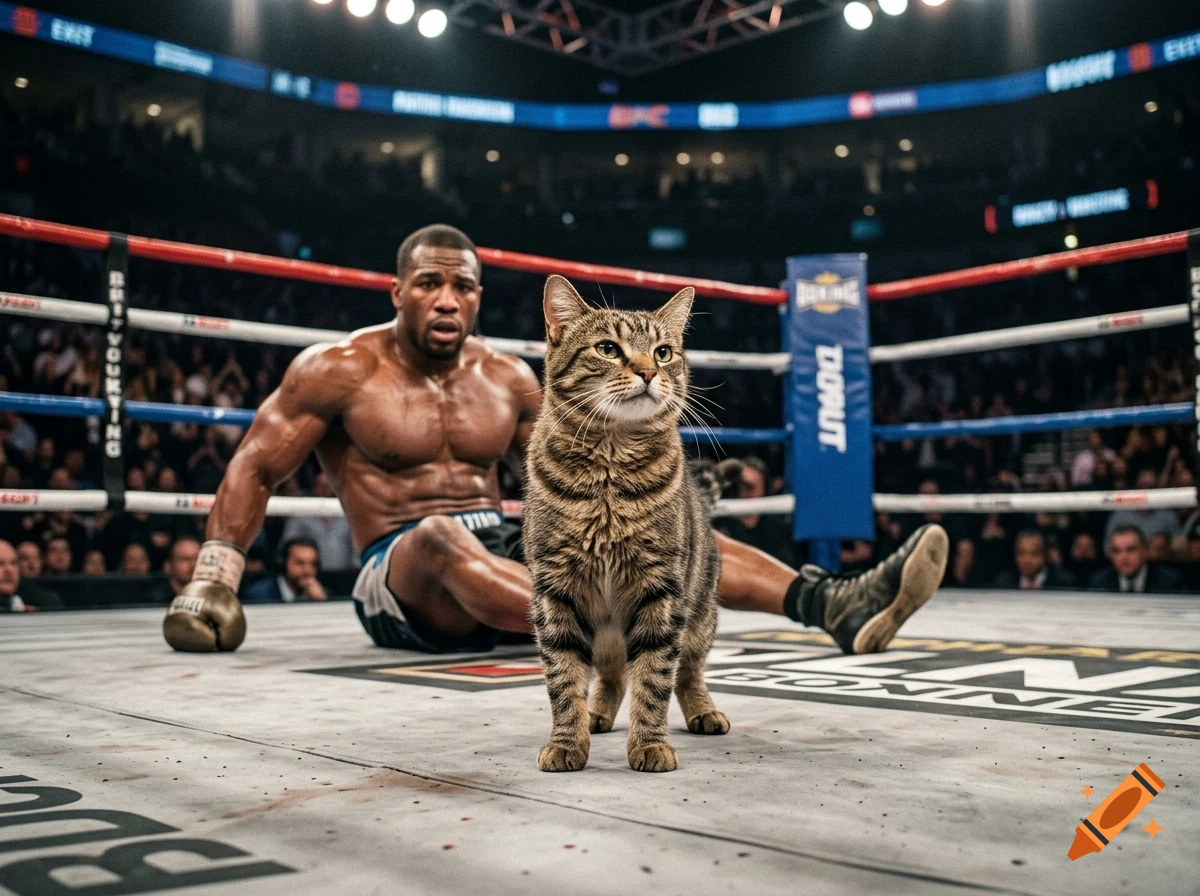 A tabby cat stands in the center of a boxing ring while a muscular boxer sits on the canvas behind it.
