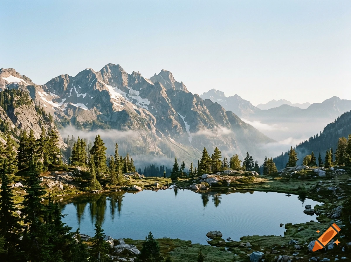 Photorealistic mountain landscape with snow-capped peaks, pine trees, and a clear alpine lake reflecting the scenery.