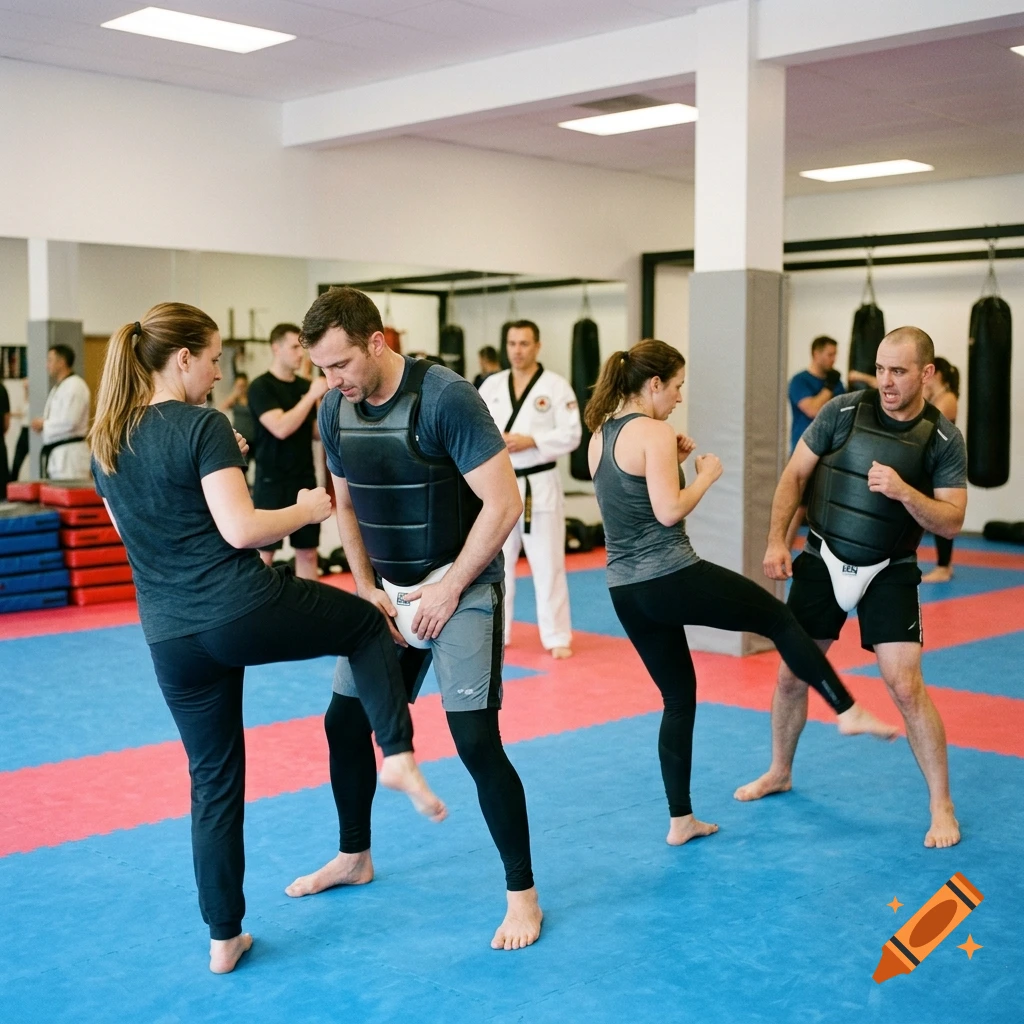 Photorealistic image of people practicing martial arts kicks in a training gym with blue and red mats.
