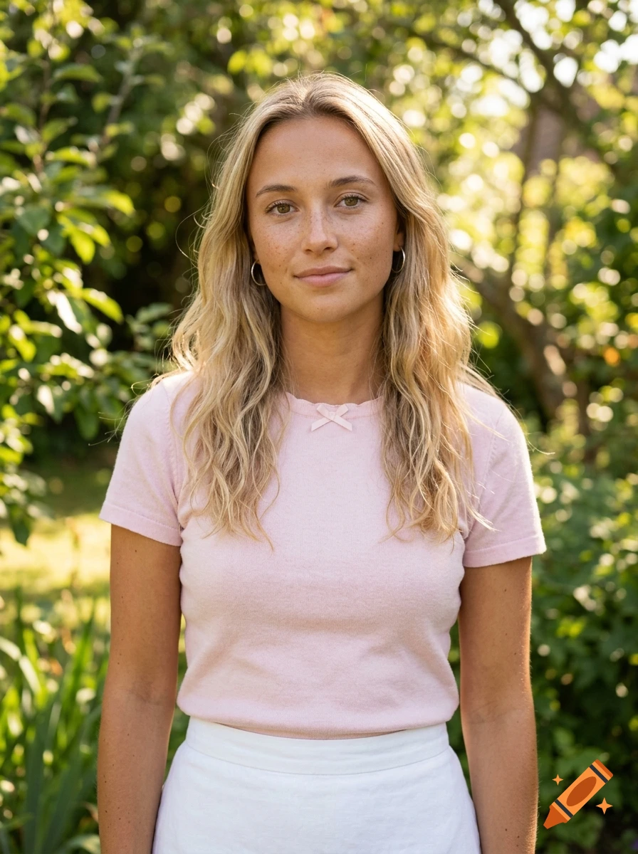 Photorealistic portrait of a young woman with blonde hair, freckles, and hoop earrings, wearing a pink shirt and white skirt outdoors.