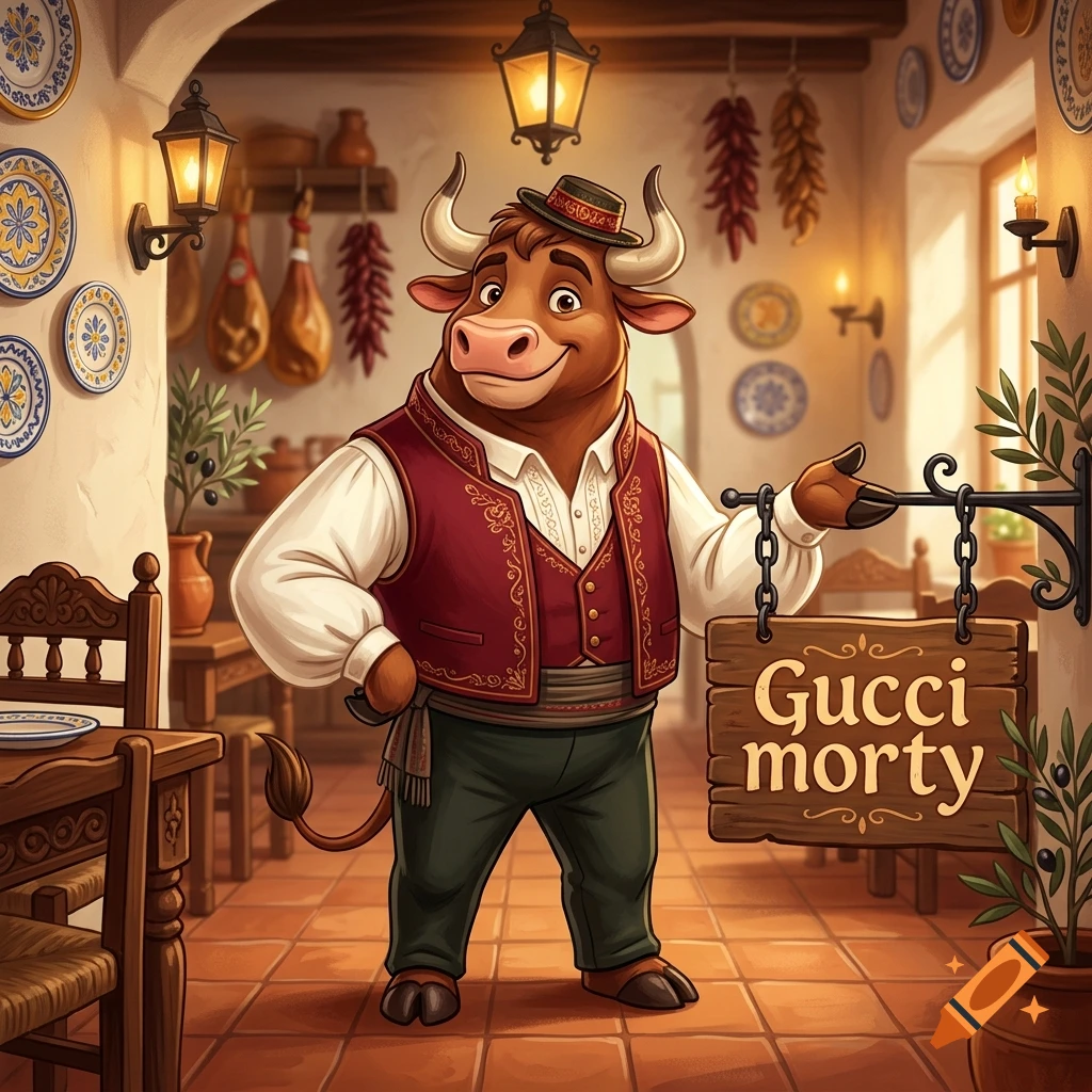 Cartoon bull mascot in a traditional Spanish restaurant holding a wooden sign that reads Gucci morty, digital illustration.