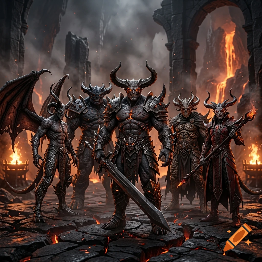 Photorealistic digital art of five intimidating demon bosses with horns and armor standing in a volcanic wasteland.