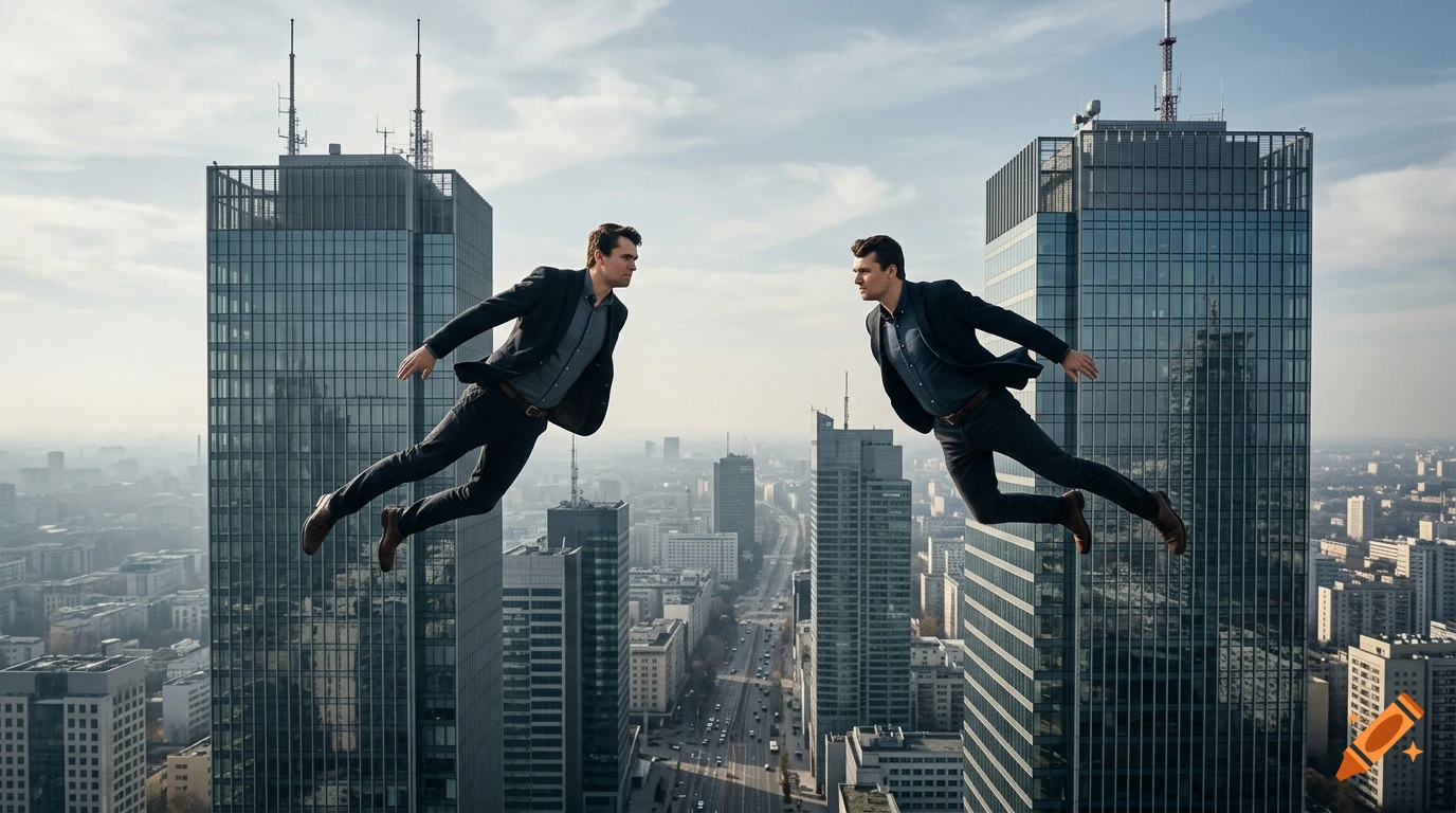Photorealistic image of two men in suits flying toward two skyscrapers in a city.