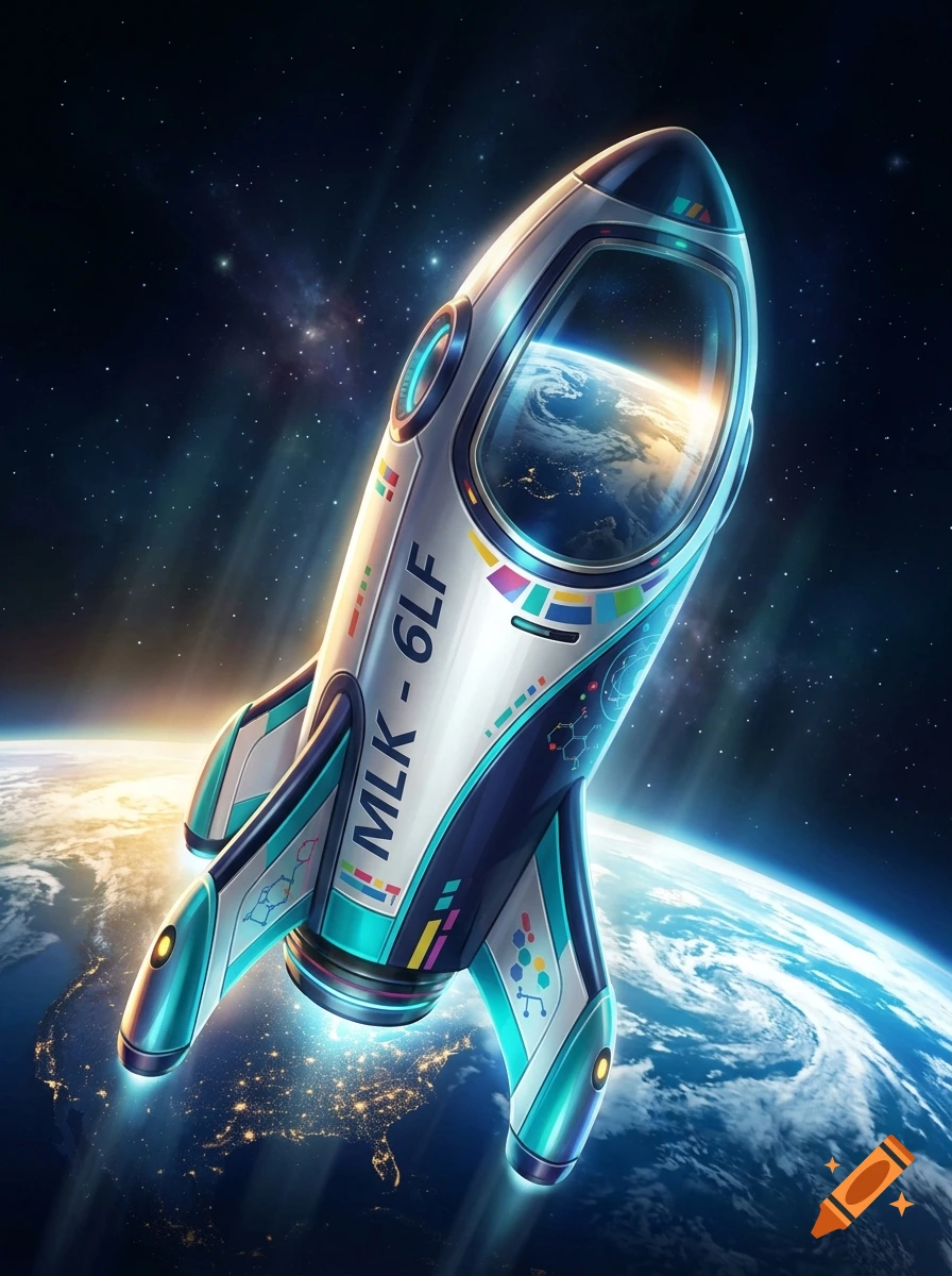 A sleek white and teal spacecraft with text MLK - 6LF flies above Earth against a backdrop of deep space stars.