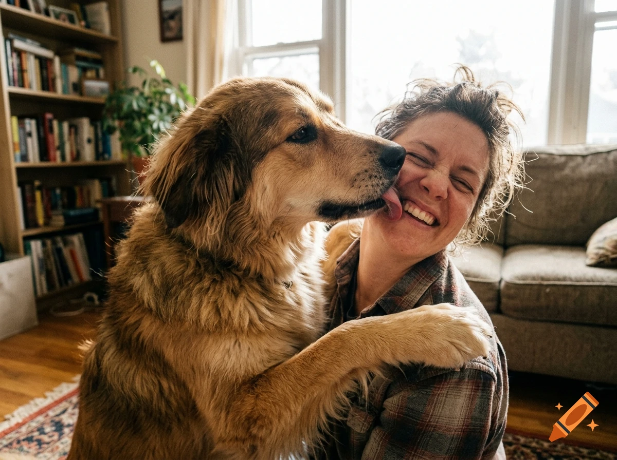 A large fluffy golden dog licks the cheek of a smiling woman who embraces it indoors.