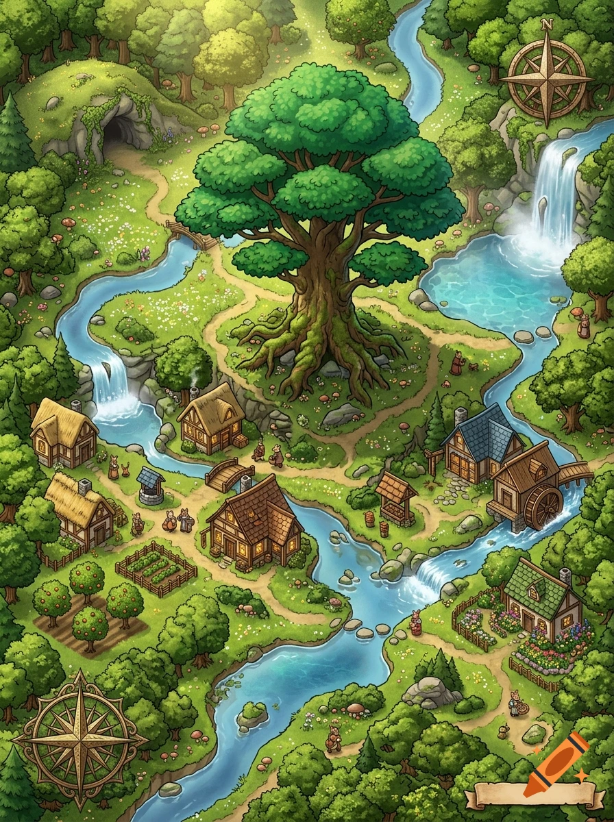Isometric fantasy forest map illustration featuring winding rivers, a giant tree, a small village, and a watermill.