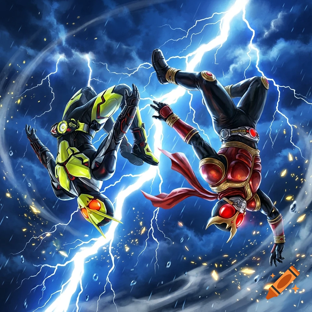 Digital illustration of two Kamen Rider characters leaping against a dramatic blue background with lightning and rain.