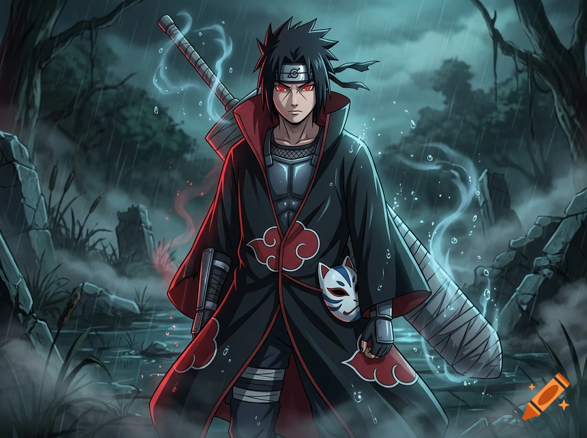 Anime illustration of a male character with red sharingan eyes, dark spiky hair, wearing an Akatsuki cloak, carrying a large wrapped sword in a misty rainy forest.