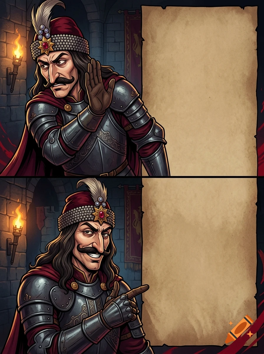 Two-panel cartoon meme featuring Vlad the Impaler in armor making a rejecting gesture and then a pointing gesture beside a blank parchment.