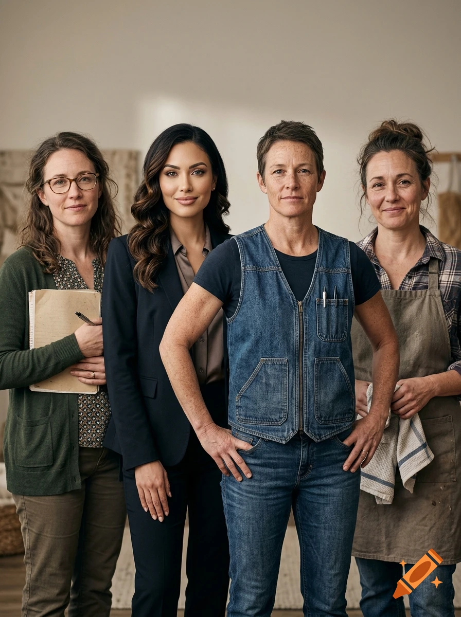 Photorealistic medium shot of four diverse women standing side by side indoors, looking at the camera.