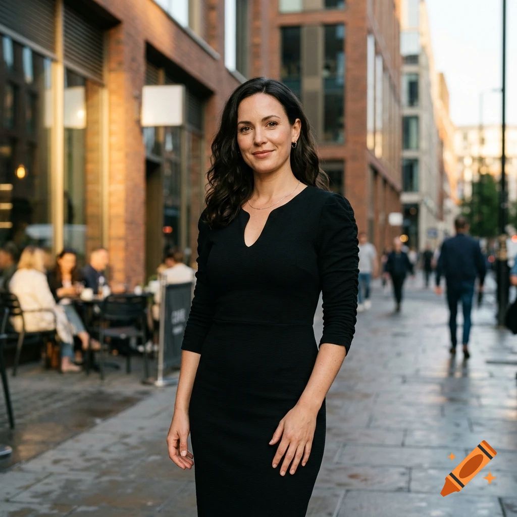 Photorealistic portrait of a woman in a black dress standing on a city street.
