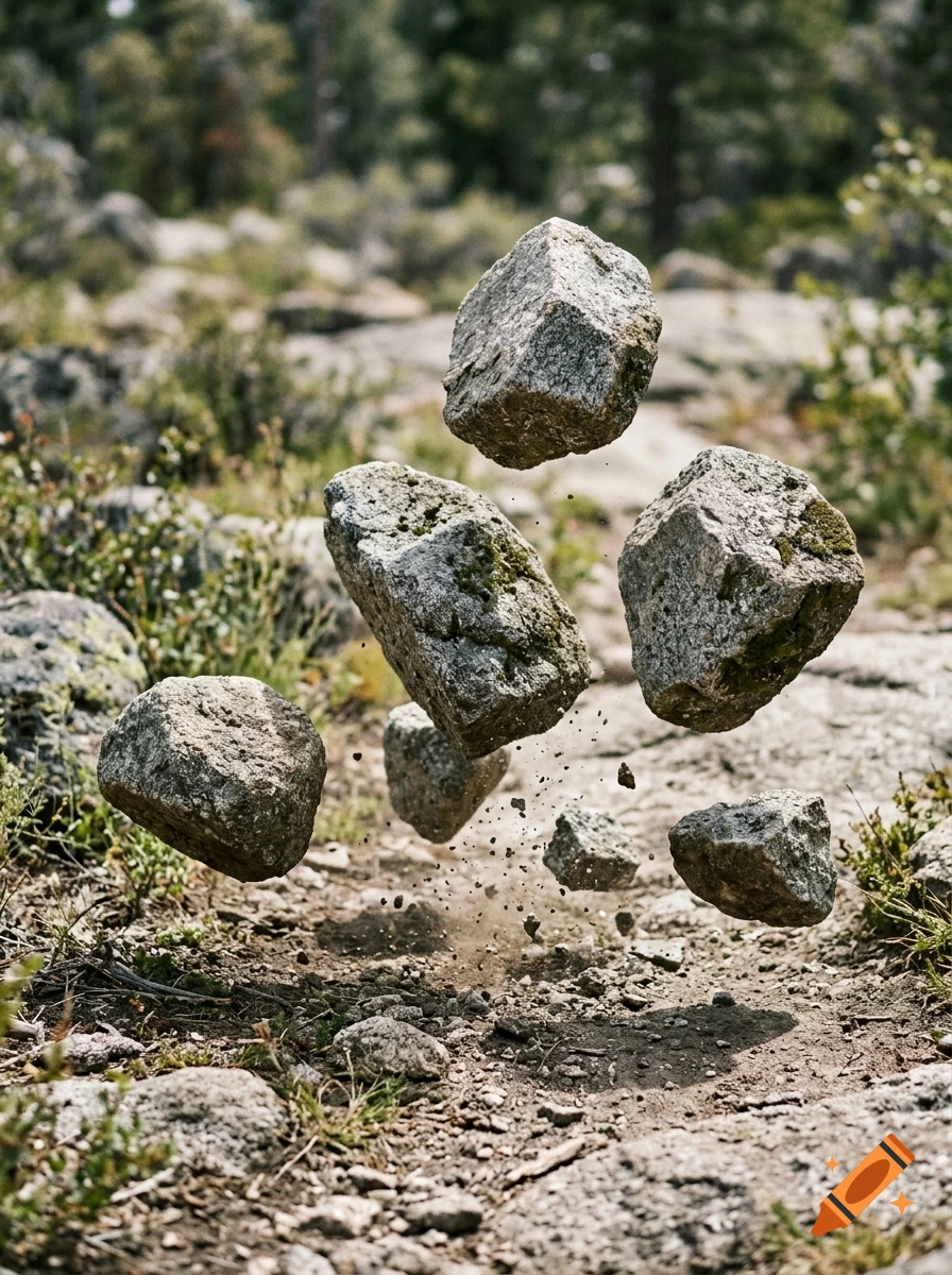 Granite stones bouncing and floating above a dirt path in a forest.