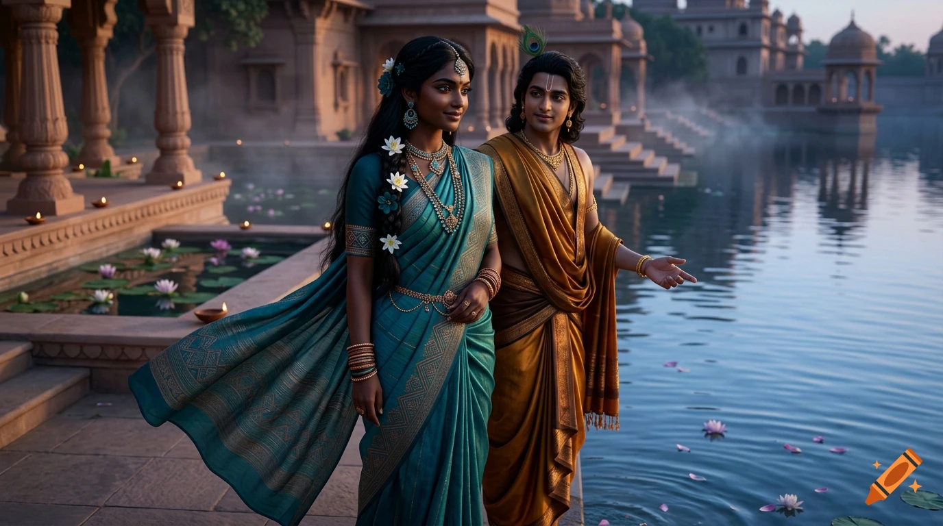 Cinematic photorealistic scene of Krishna and Kalindi by a riverside sanctuary in ancient Dwarka during twilight.