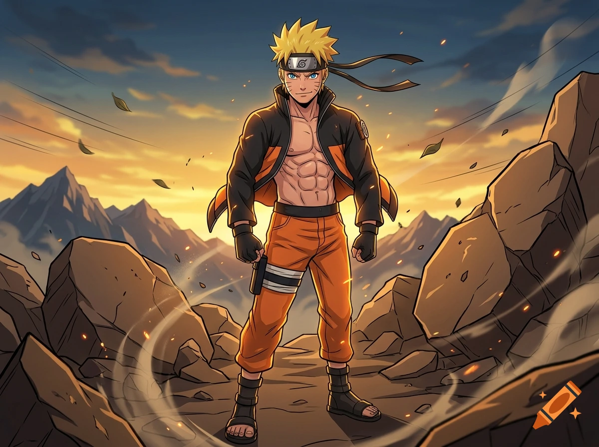 Anime style illustration of a muscular blond ninja character with a headband posing amidst rocky mountains at sunset.