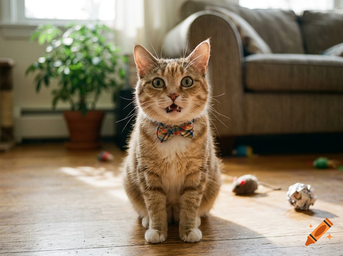 A curious tabby cat wearing a plaid bow tie sits upright on a hardwood floor, gazing directly forward with an open mouth.