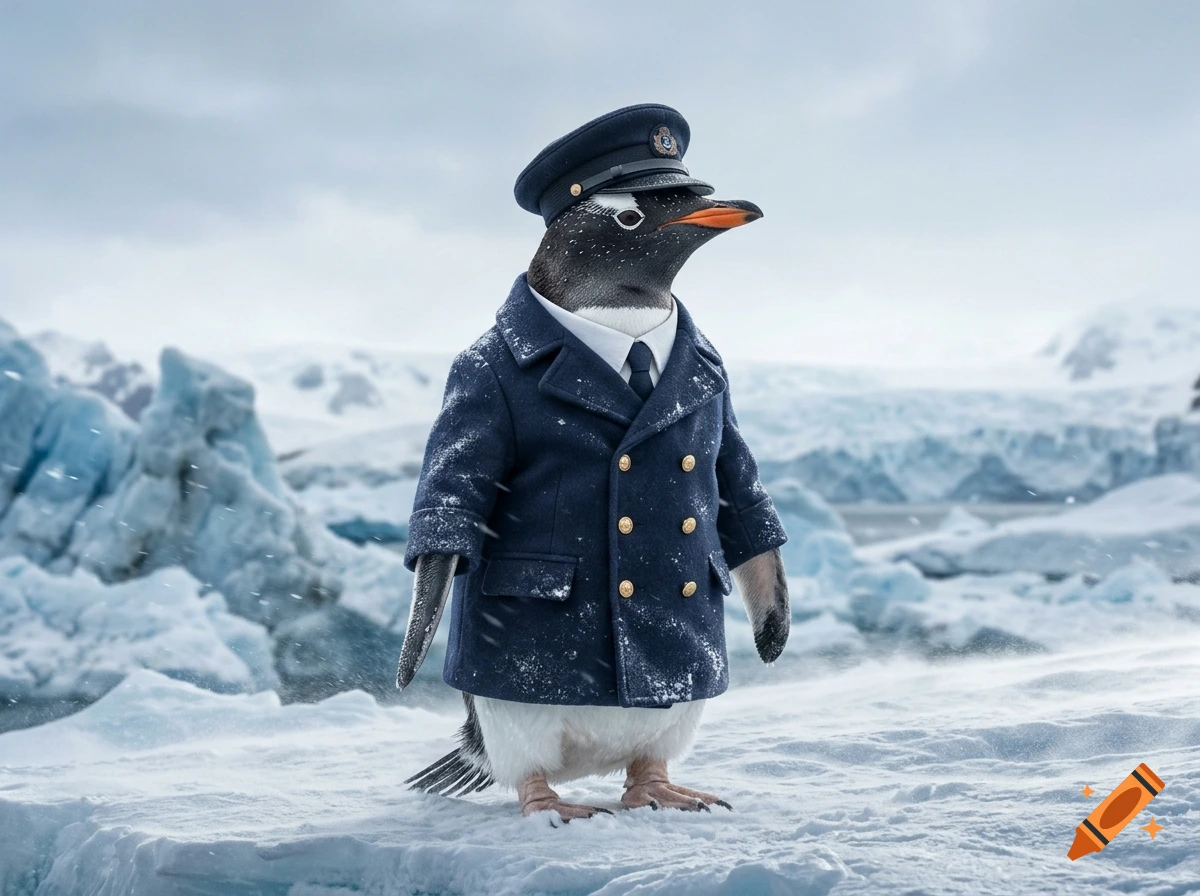 A penguin wearing a captain's uniform and cap stands on an icy landscape.
