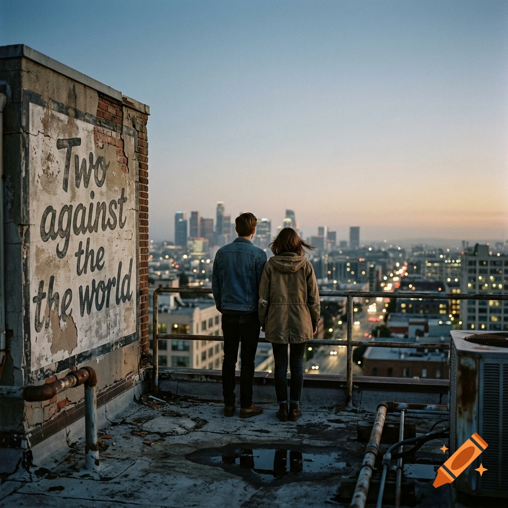 A man and woman stand on a rooftop overlooking a city skyline at dusk, next to a brick wall with painted text reading 'Two against the world'.