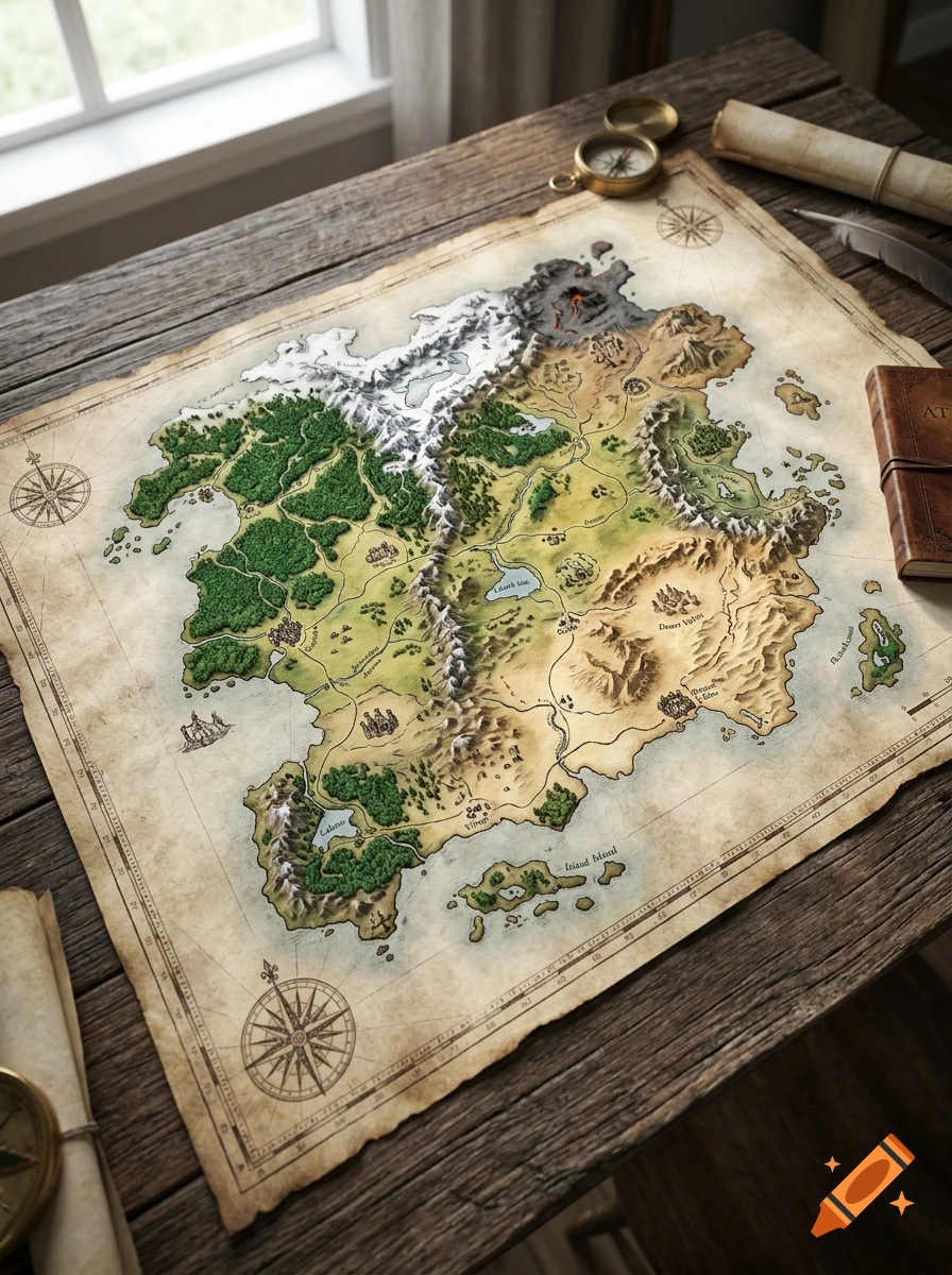 An overhead photorealistic shot of a detailed fantasy world map on a rustic wooden table.