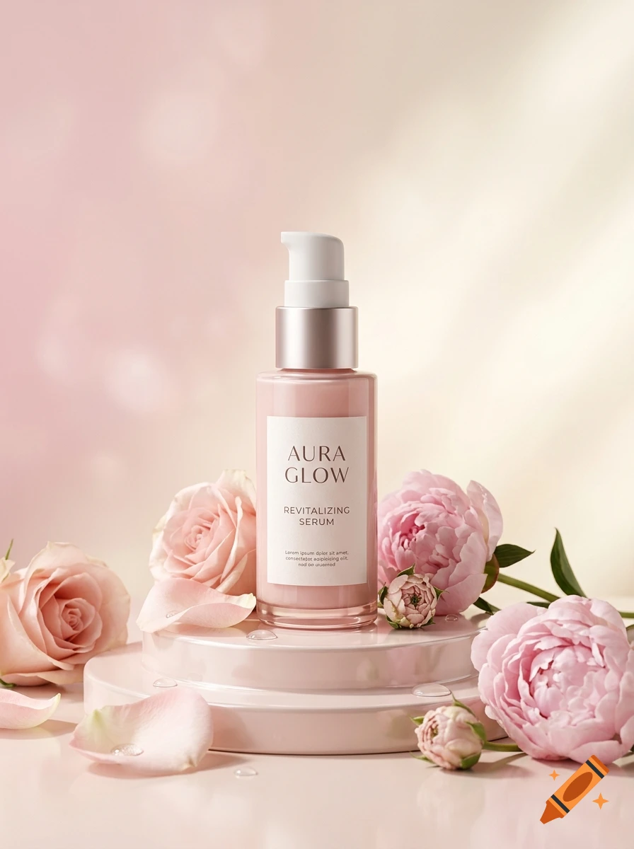 A bottle of 'Aura Glow Revitalizing Serum' on a pink podium, surrounded by pink roses and peonies.