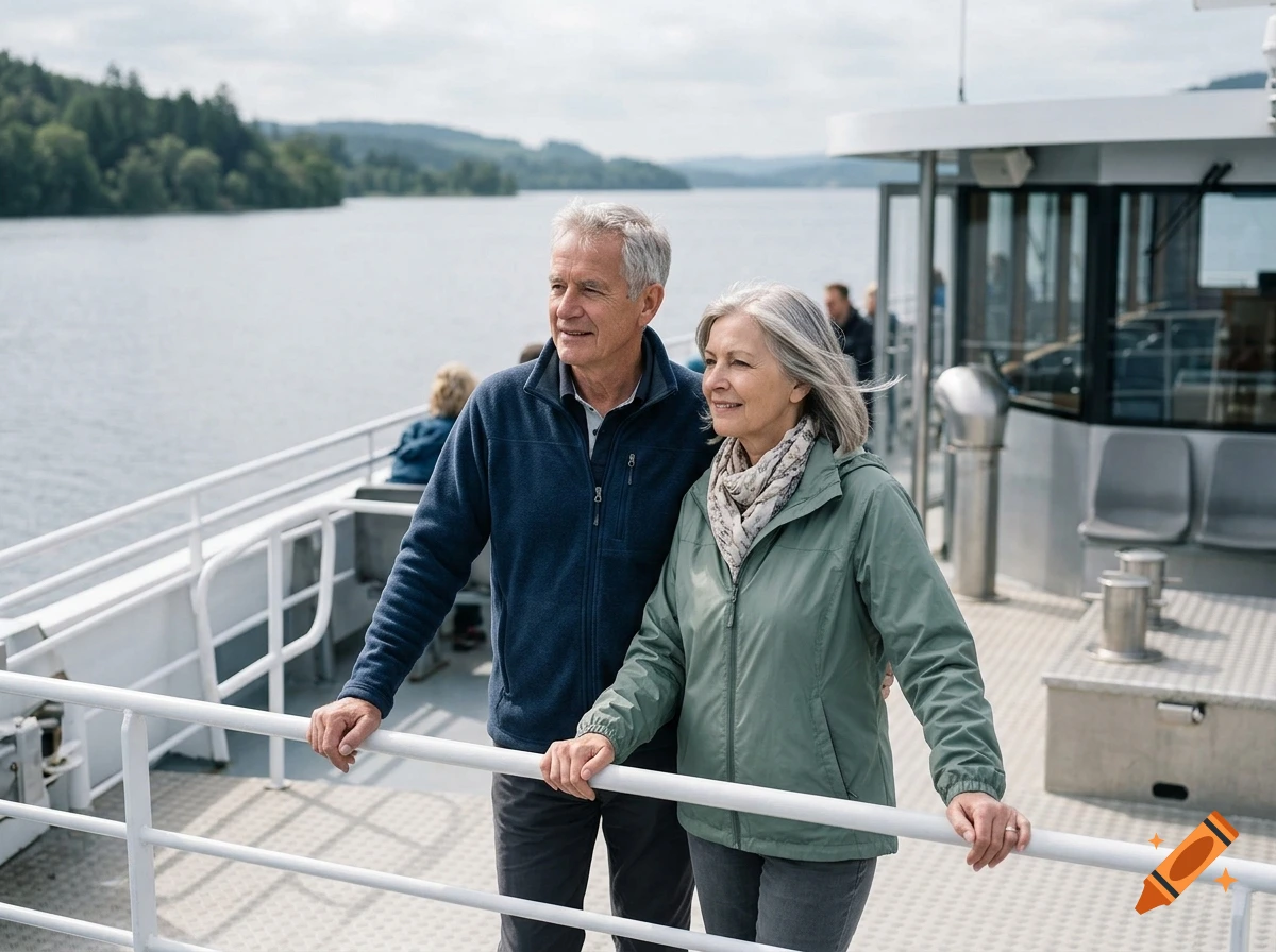 An older couple standing on the deck of a boat, looking out at a scenic lake and forested hills.