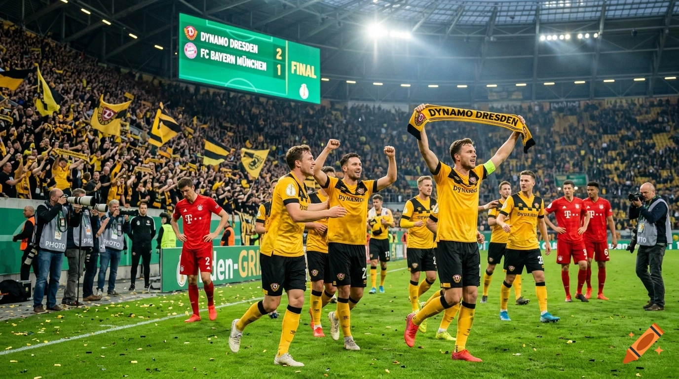 Photorealistic image of soccer players celebrating a victory on a stadium pitch, with a scoreboard showing Dynamo Dresden winning.