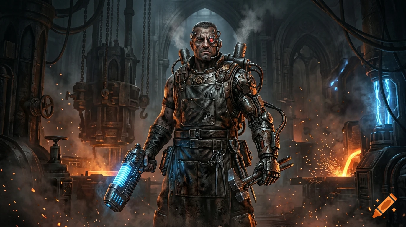 A cybernetic cyborg mechanic wearing an apron stands inside a dark industrial factory setting, holding a glowing sci-fi pistol and a tool.