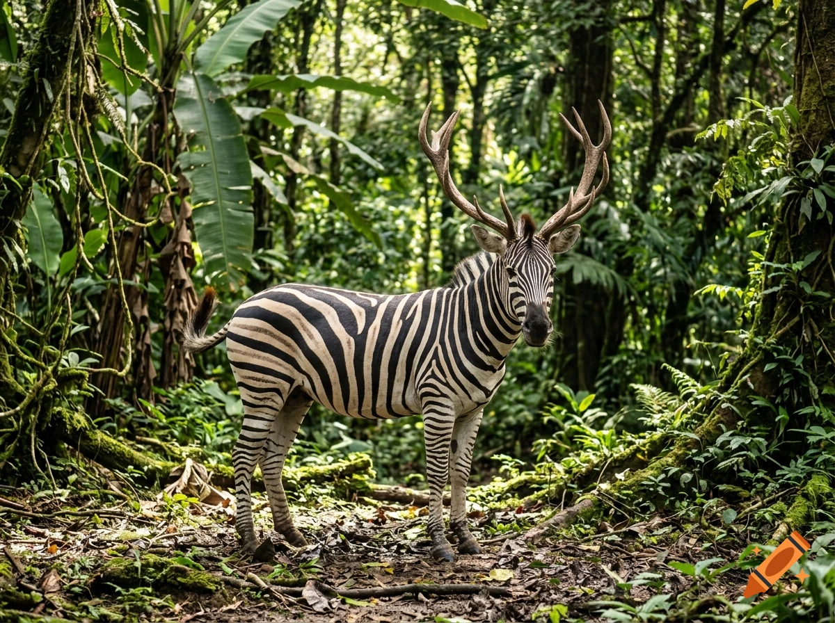 Photorealistic image of a zebra with stag antlers and a tail standing in a dense jungle clearing.