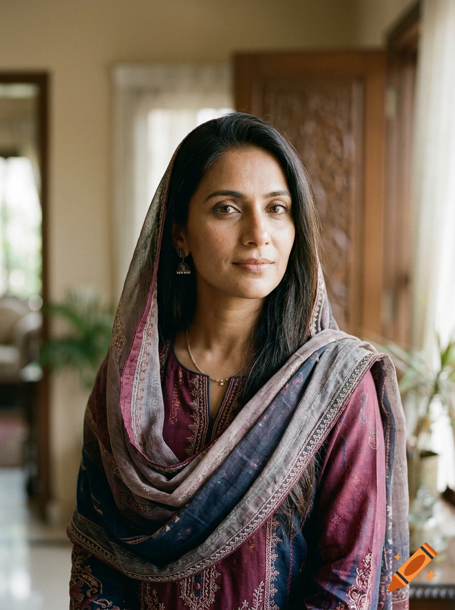 Photorealistic portrait of a Pakistani woman wearing a patterned maroon shalwar kameez and dupatta.