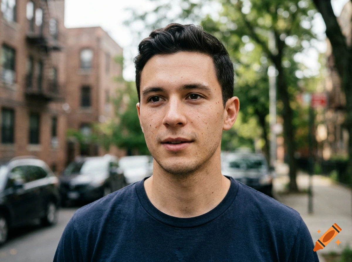 Close-up portrait of a young man with dark hair standing outdoors on a city street.