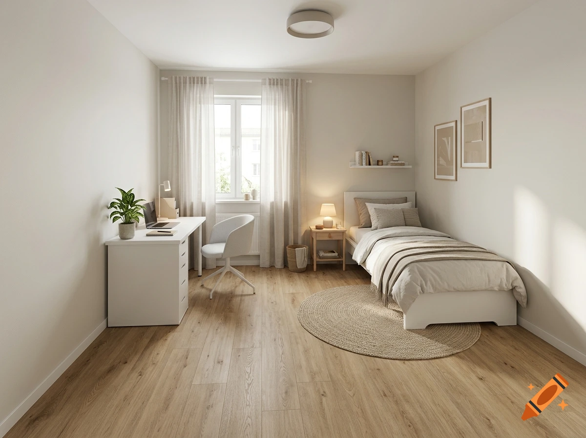 Photorealistic interior view of a modern bedroom with a white single bed, a wooden desk setup, and light wood flooring.
