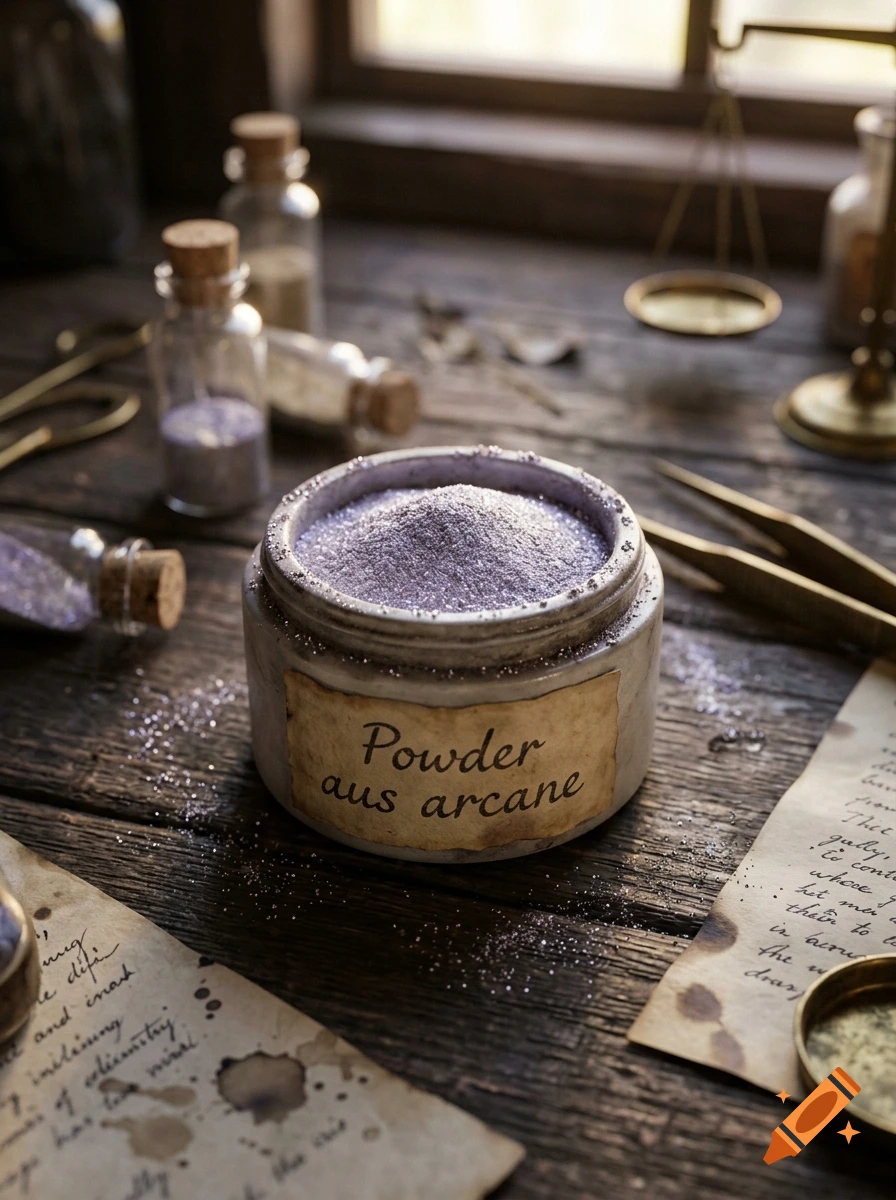 Close-up of a ceramic jar filled with purple arcane powder on a wooden alchemy table, with small glass potion bottles in the background.