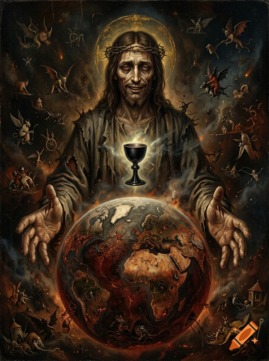 Oil painting in Hieronymus Bosch style featuring a colossal, weary Jesus holding a burning planet Earth with a black Holy Grail.